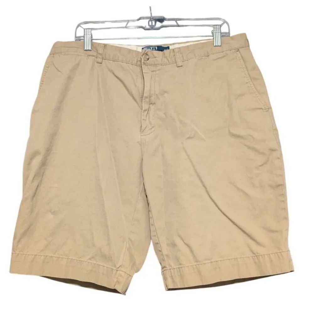 Polo Ralph Lauren Khaki Chino Shorts Mens 36 Flat Front Classic Fit Blue Pony